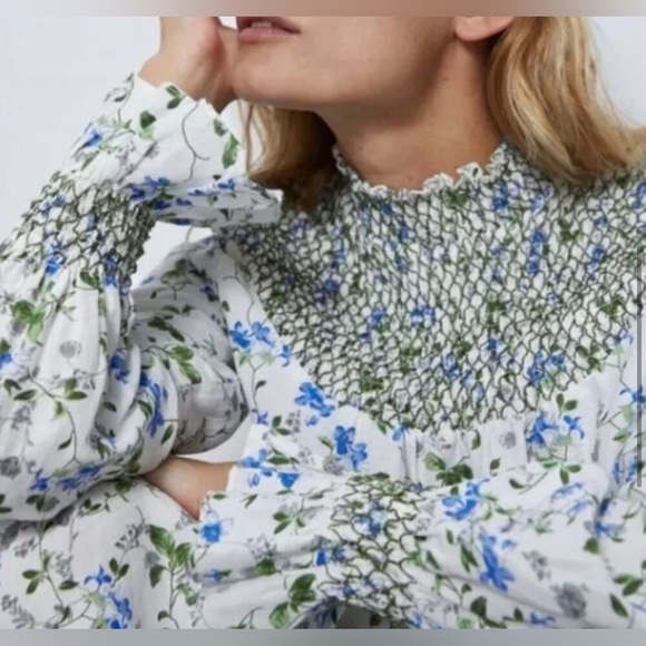 Zara NWT Printed Rustic Smocked High Neck Floral Midi Dress, Size S - Picture 4 of 14